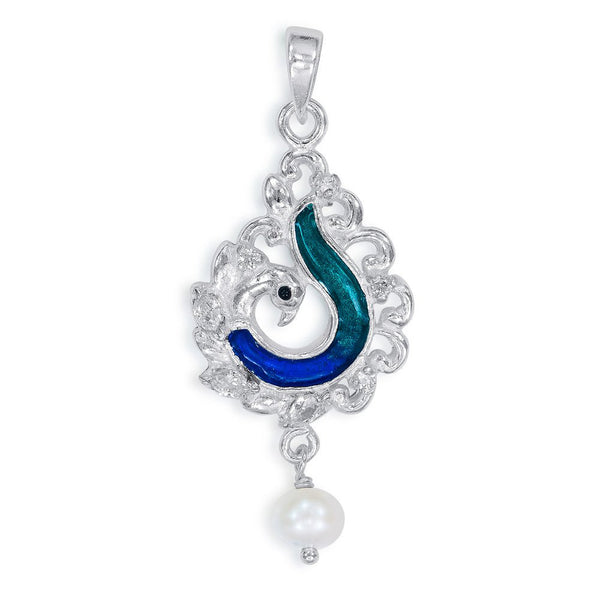 Taraash Sterling Silver Enamel Peacock With Hanging Pearl Pendant For Women PD2079S - Taraash