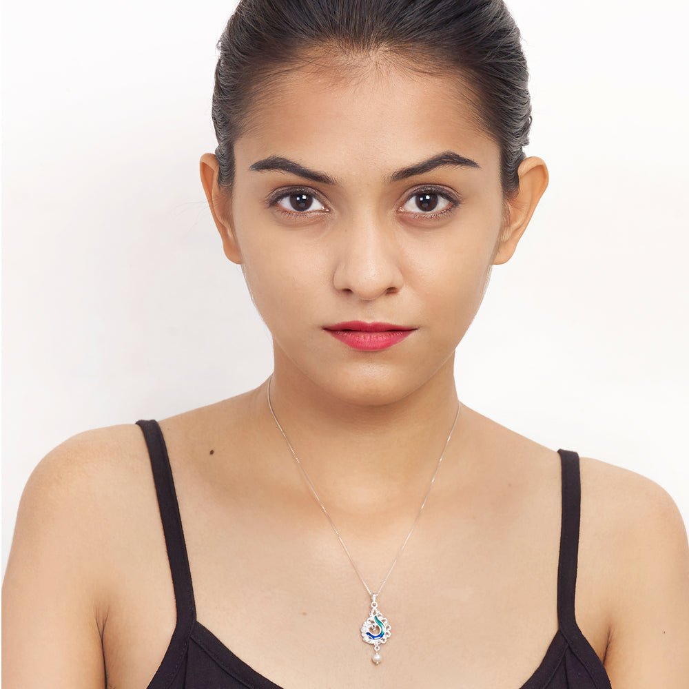 Taraash Sterling Silver Enamel Peacock With Hanging Pearl Pendant For Women PD2079S - Taraash