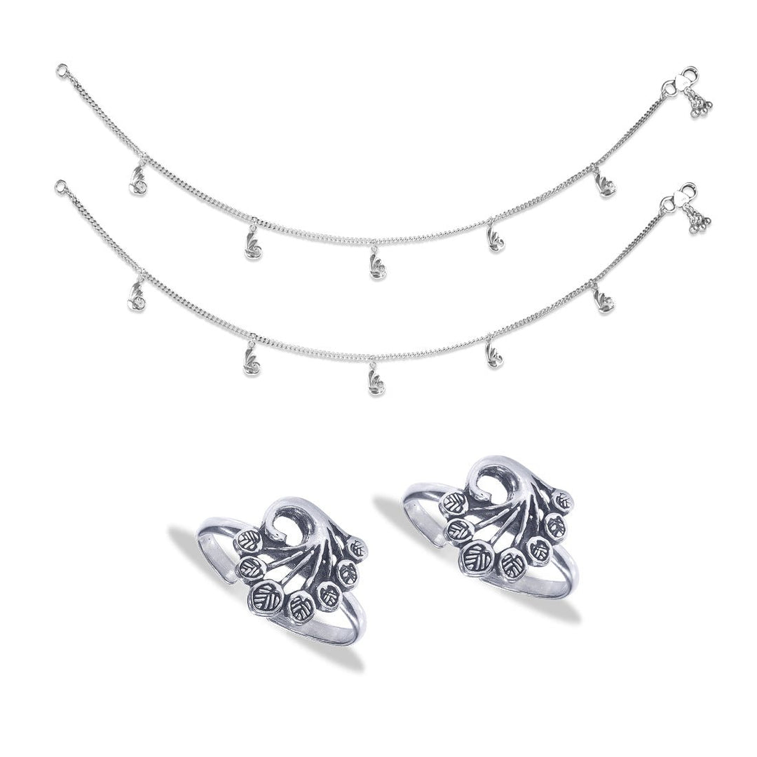 Taraash Sterling Silver Peacock Design Combo of Anklet and Toe Ring COMBO ANTR 144 - Taraash