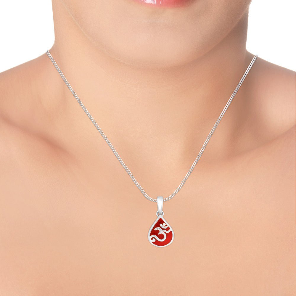 Taraash Sterling Silver Red Enamel Om Pendant With Chain For Unisex COMBO PDCH 91 - Taraash